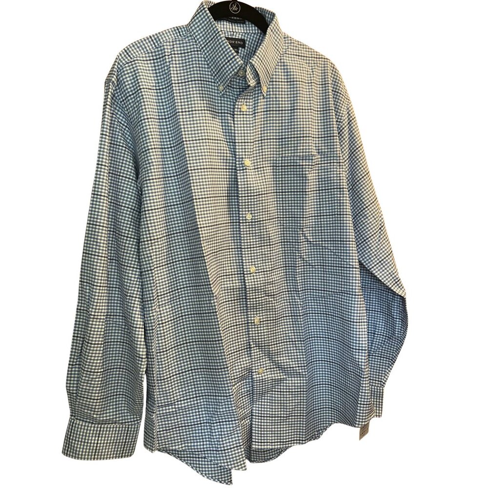 Baumwolle Cotton Classic Blue Plaid Button Down // Lands' End Men's Size L